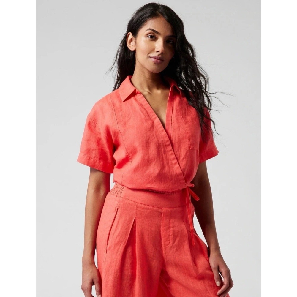 Athleta Playa Tie Top‎ Blouse Women's Large Coral Linen Short Sleeve Wrap Beach